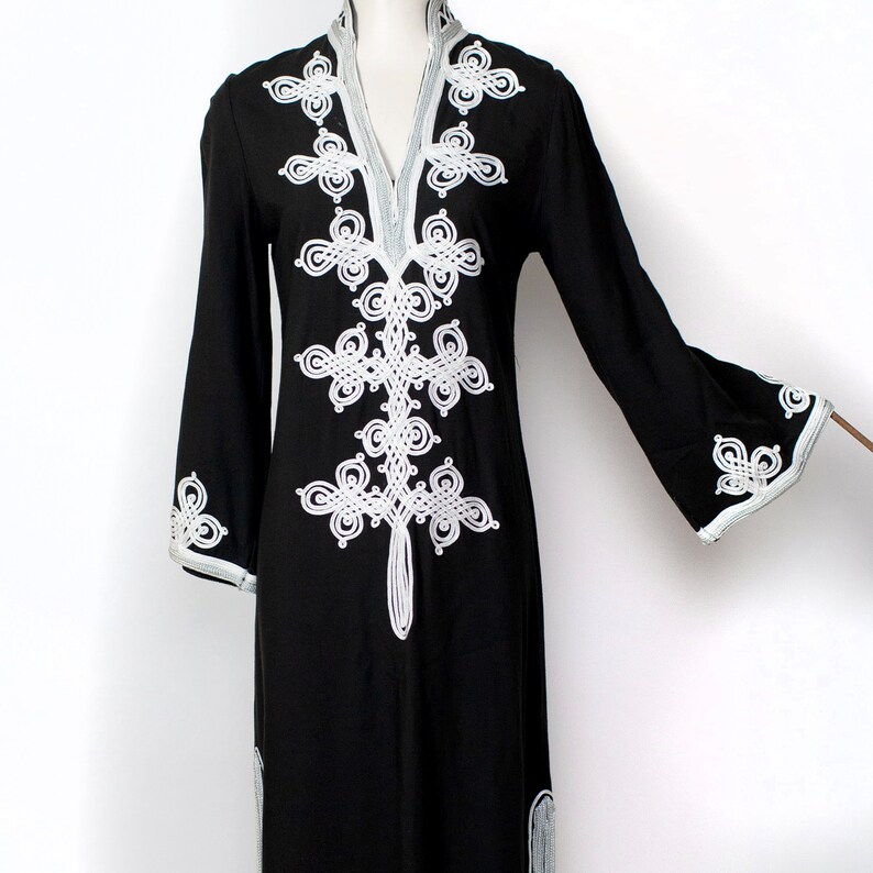 black caftan with ribbon trim 70s vintage boho maxi dress loungewear
