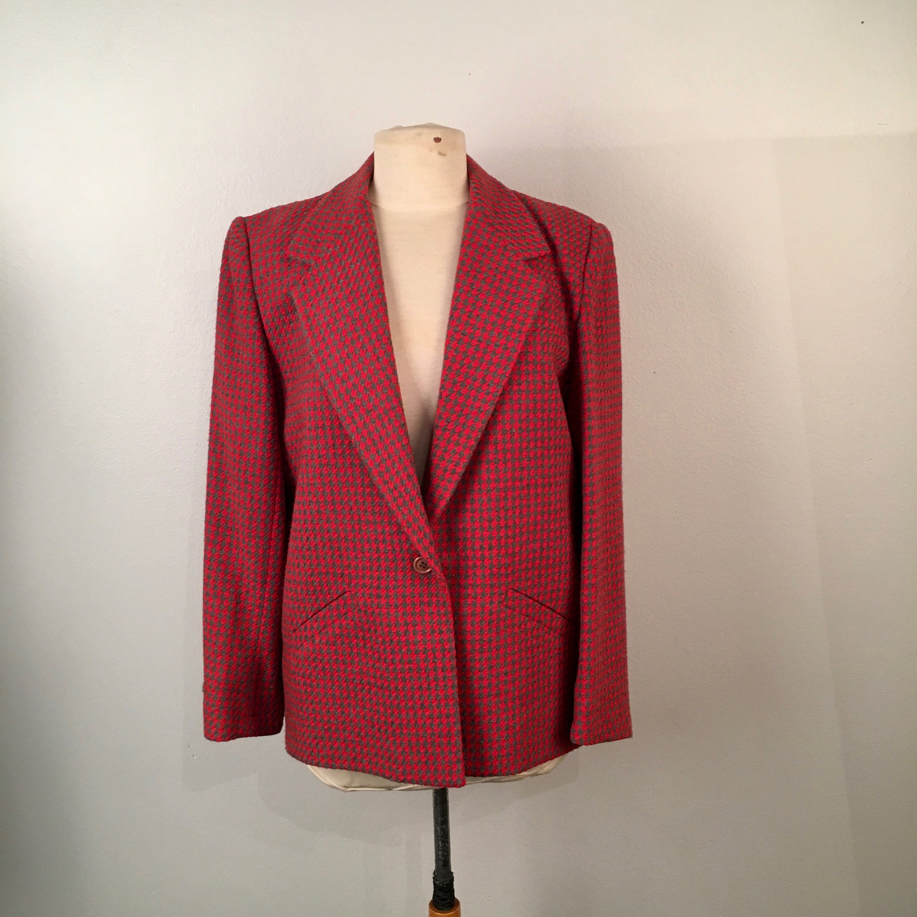 Red and Gray Houndstooth Blazer Wool Blend Ladies Boxy Plaid - Etsy Canada