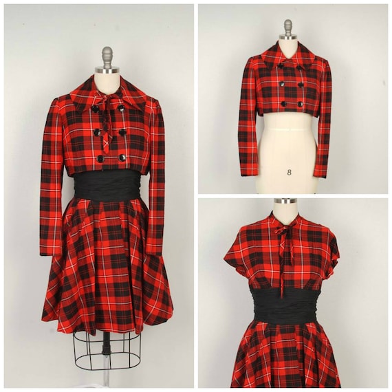 plaid fit and flare dress with bolero jacket 50s t