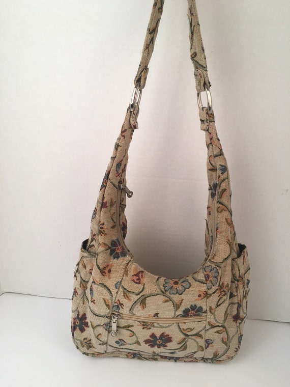 Floral Print Tapestry Shoulder Hobo Bag Tan Blue Woven Cotton | Etsy