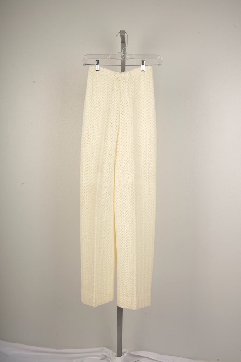white crochet stretchy knit sheer pants 70s vintage high waisted flared leg trousers slacks XXS XS