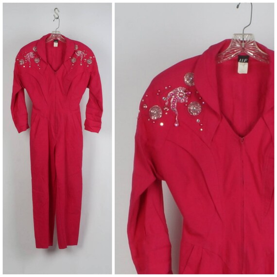 fuchsia pink power jumpsuit with shoulder pads 80s