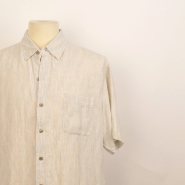 vintage short sleeve men's silk shirt blue and taupe summer button up shirt resort wear Men XL