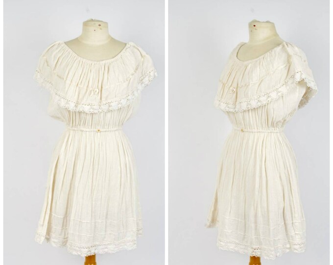 Natural White Cotton Gauze Summer Dress With Crochet Trim 70s Etsy
