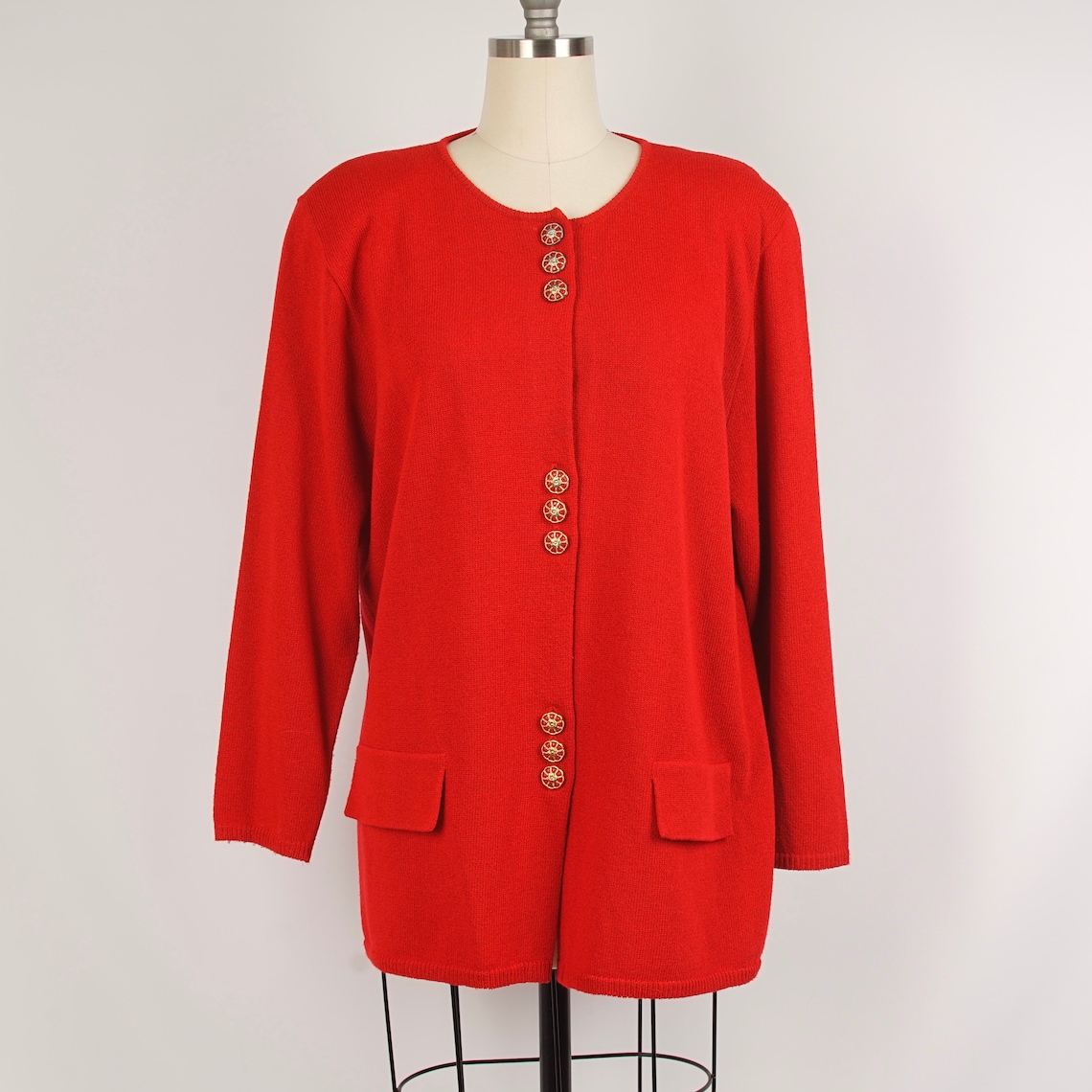 Dressy Red Cardigan With Gold Buttons Collarless Knit Jacket - Etsy ...