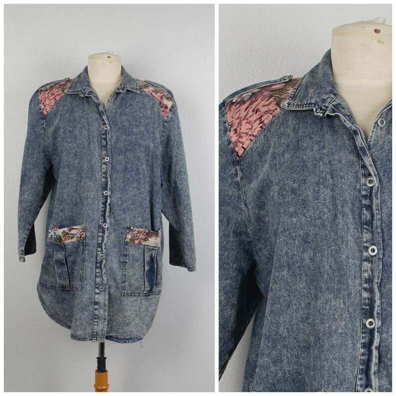 Acid Wash Denim Floral Print Long Jacket with Pockets XXL 1X 80s to 90s vintage oversize button up top 46 bust Blue Long Sleeve Shirt