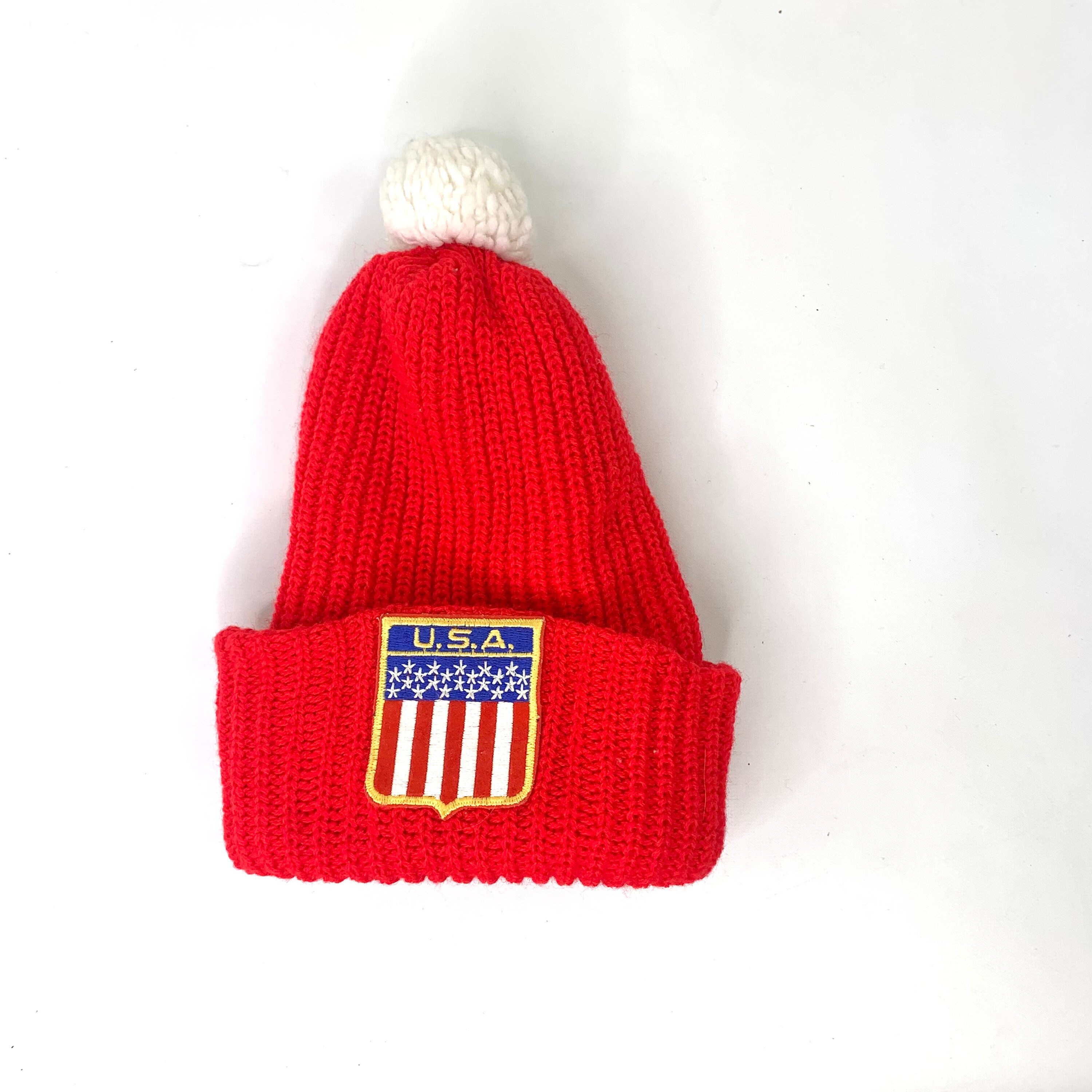 70s Vintage USA Patch Winter Beanie Pom Pom Ski Snowboarding Winter Toque Hat