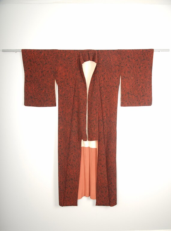 Red And Black Leaf Print Silk Kimono Yukata Vintage Etsy