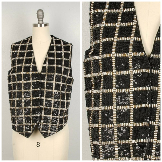 EU 3840 1980s Black Sequin /& Lace Waistcoat Size UK 1012 US 68
