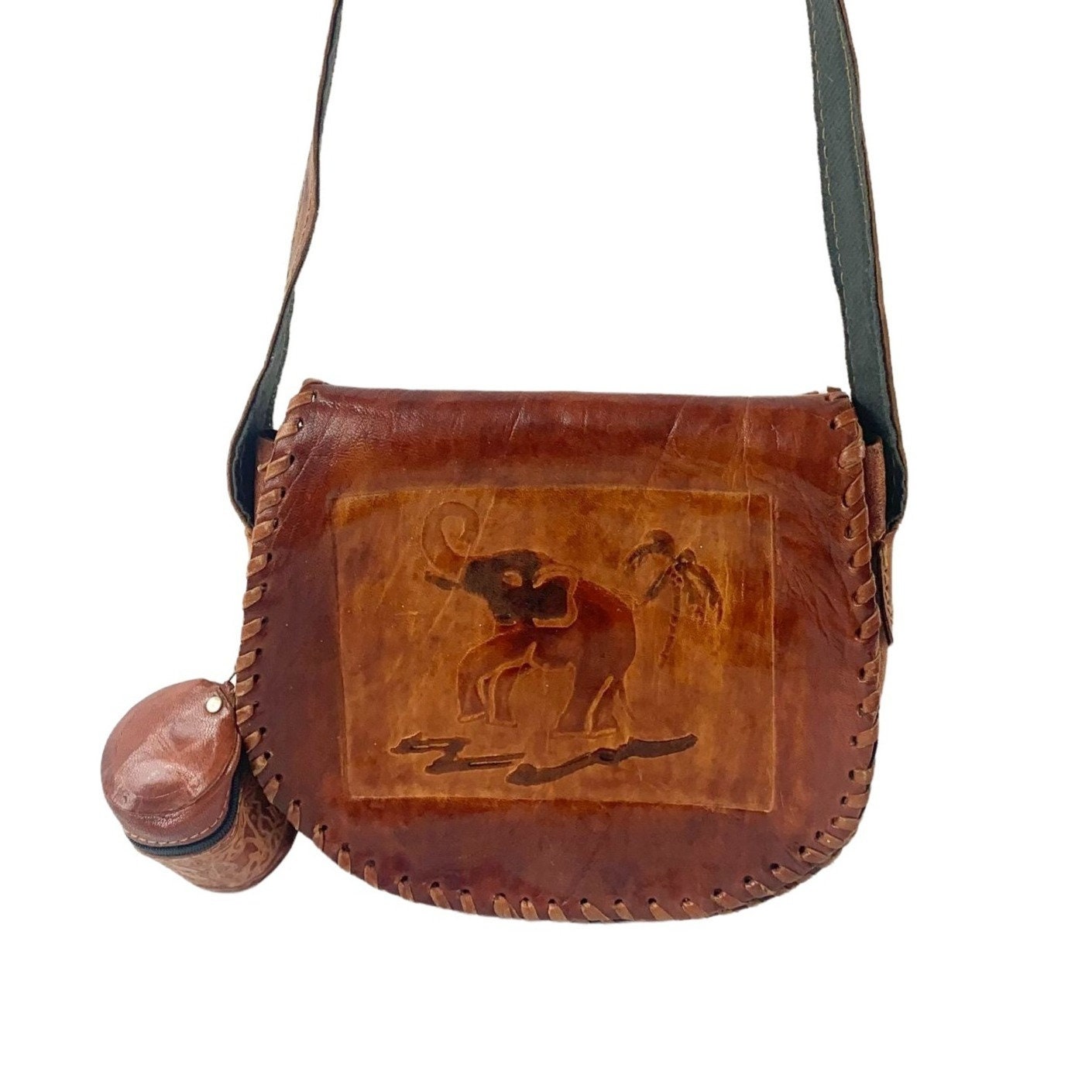 Elephant Genuine Tooled Leather Shoulder Bag Purse Handbag