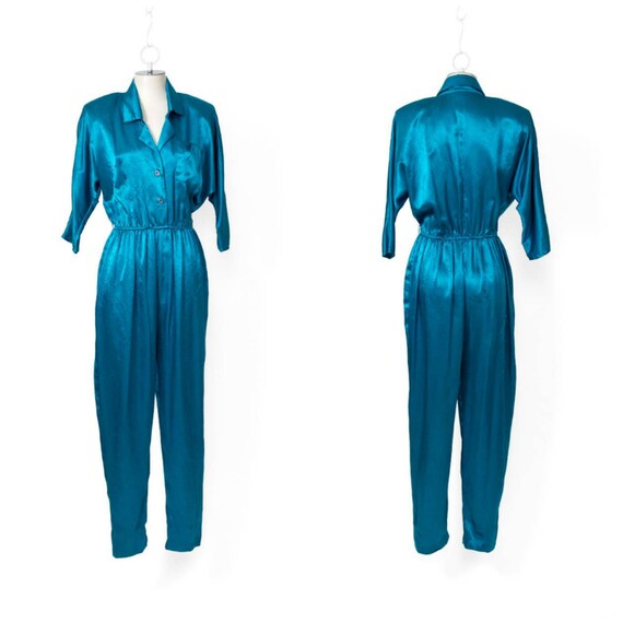 turquoise satin 80s vintage jumpsuit w shoulder pa