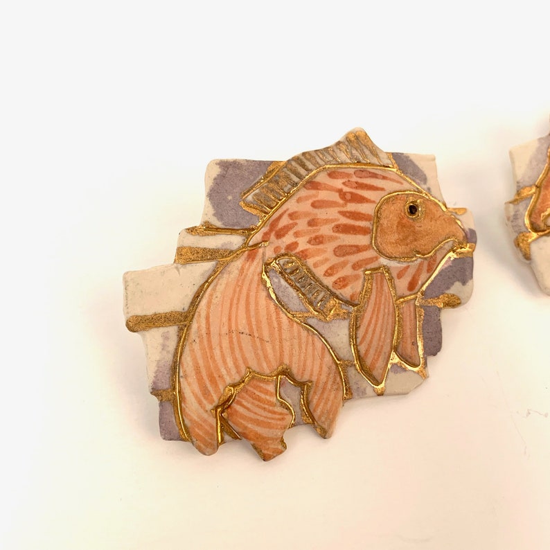 BIG koi goldfish earrings handpainted ceramic fish runway earings