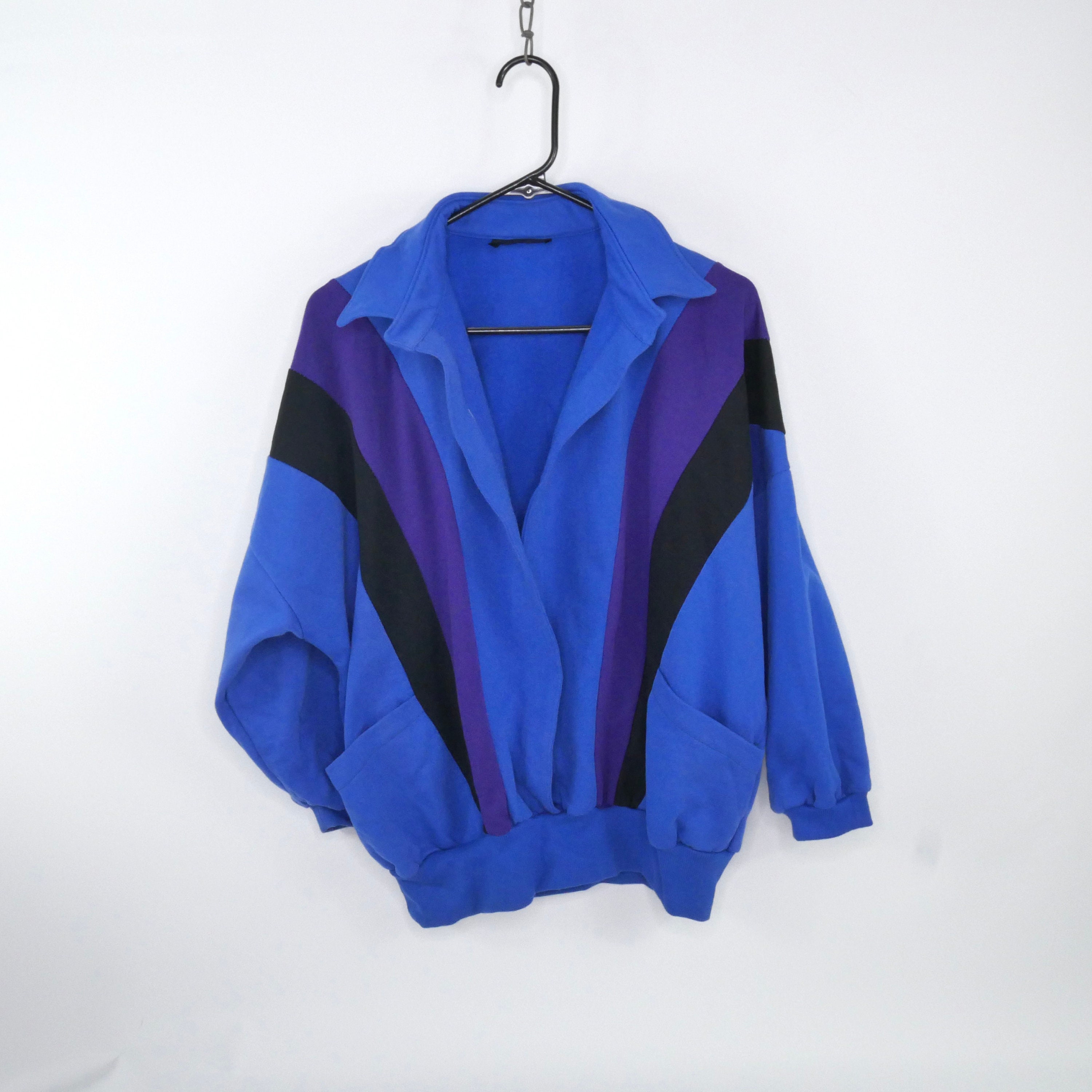 Color Block 80s vintage sweatshirt open neckline pullover jacket
