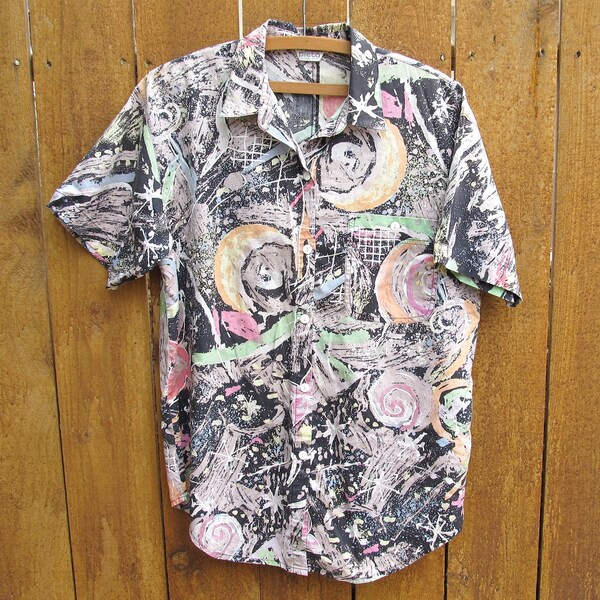 mens pastel grunge short sleeve shirt - 80s 90s vintage abstract - large