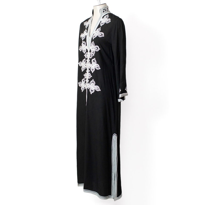 black caftan with ribbon trim 70s vintage boho maxi dress loungewear