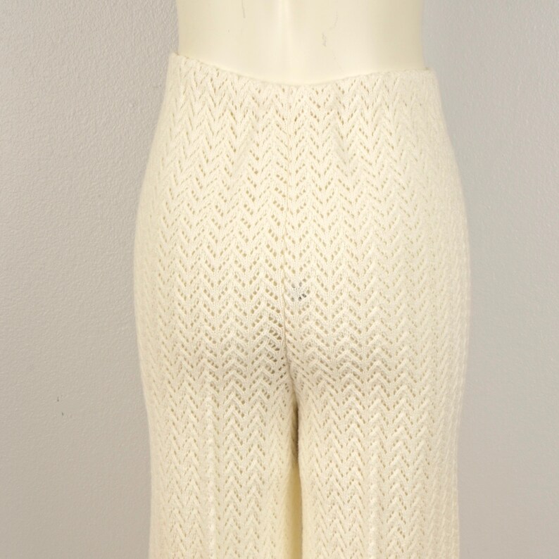white crochet stretchy knit sheer pants 70s vintage high waisted flared leg trousers slacks XXS XS