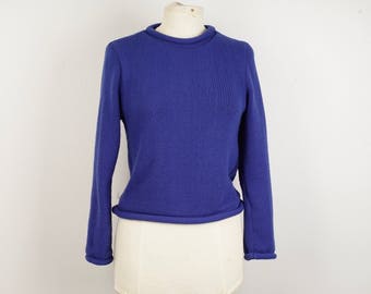 royal blue rolled neck sweater cotton blend 80s vintage pullover jumper ladies