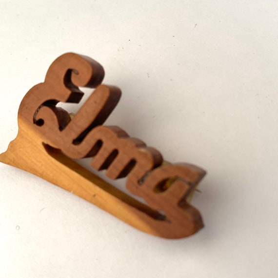 Elma 30s vintage carved wood name brooch