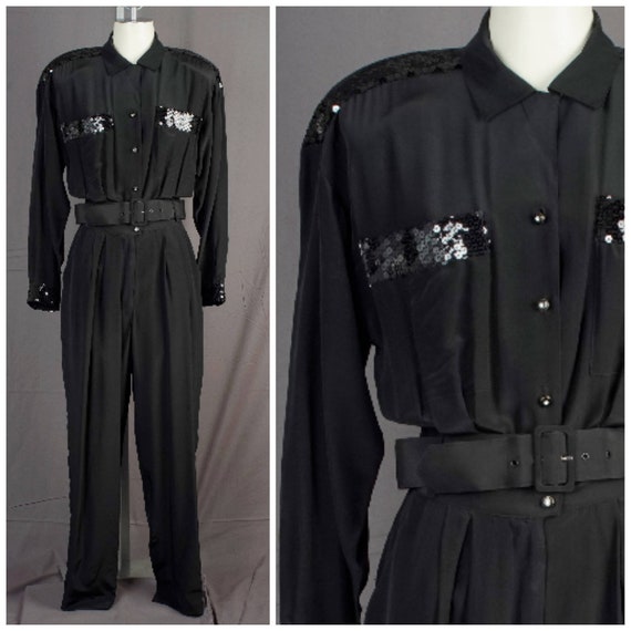black silk sequin jumpsuit 70s 80s Sunny Leigh lon