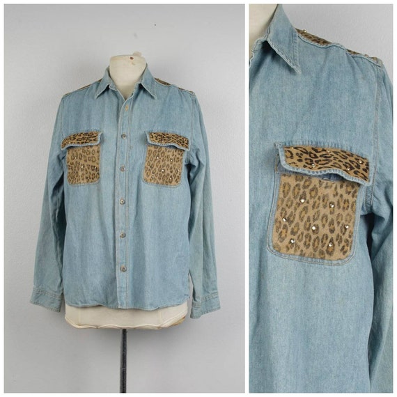 Acid Wash Denim Floral Print Long Jacket with Pockets XXL 1X 80s to 90s vintage oversize button up top 46 bust Blue Long Sleeve Shirt