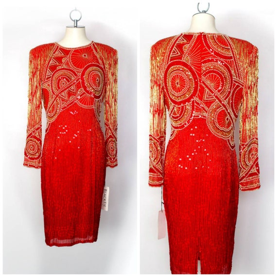 NWT Oleg Cassini red silk beaded dress 90s does 20
