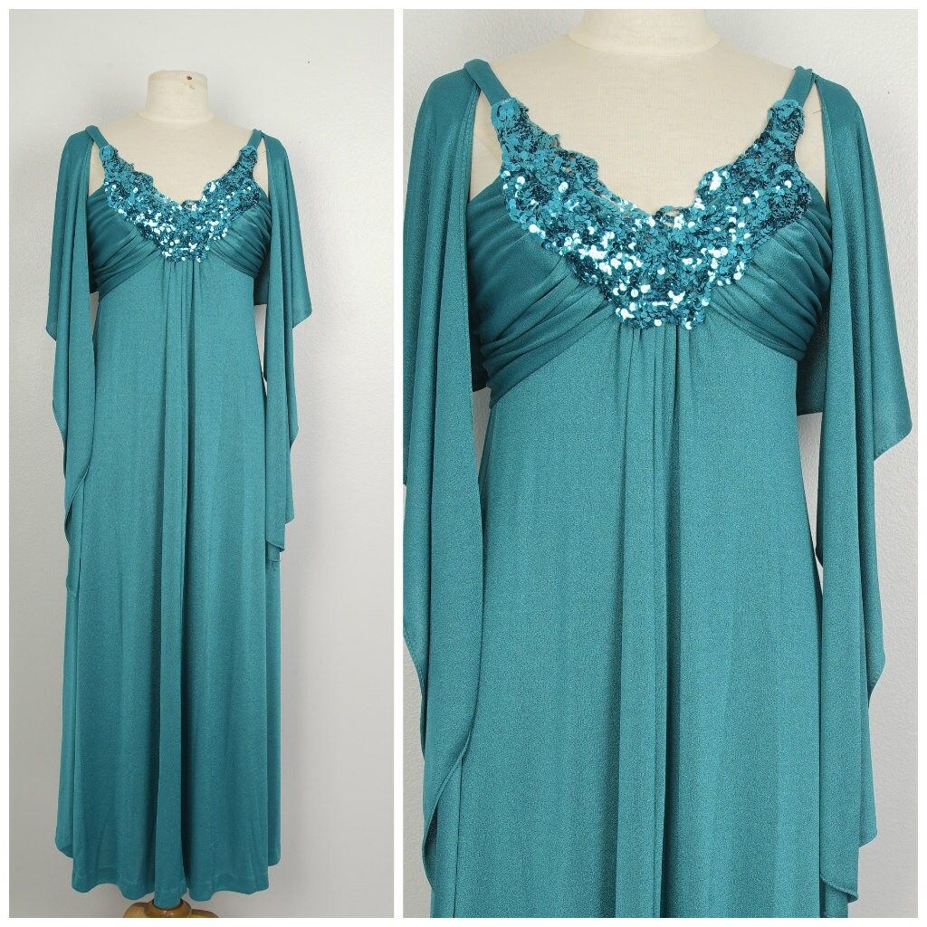 Teal Blue Green 70s Vintage Grecian Dress With Beaded Draped Etsy