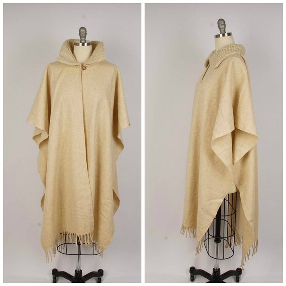 long natural wool poncho with hand knit collar 70s