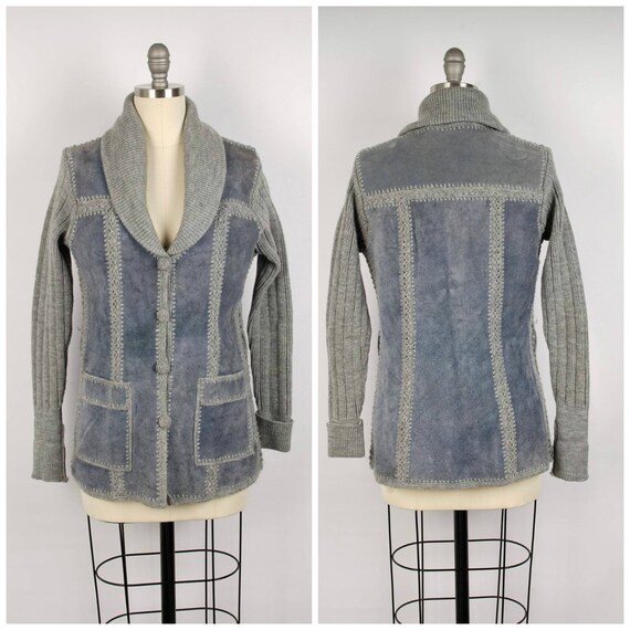 70s gray suede sweater jacket with knit sleeves bu