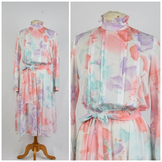 pastel floral high neck sheer chiffon dress 70s to