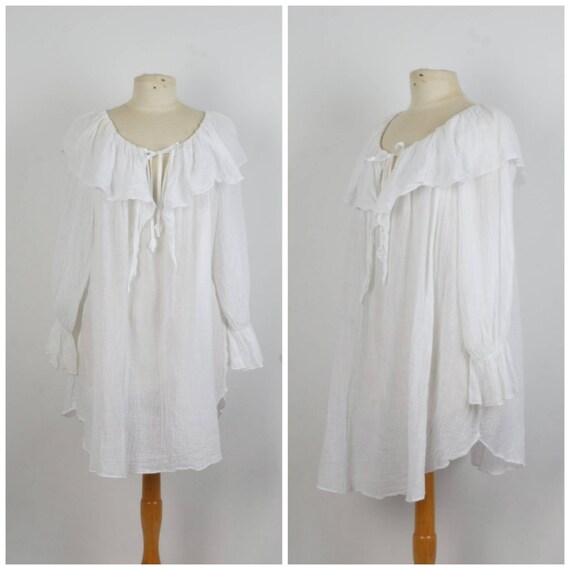 long sheer white peasant blouse 80s ruffle smock t