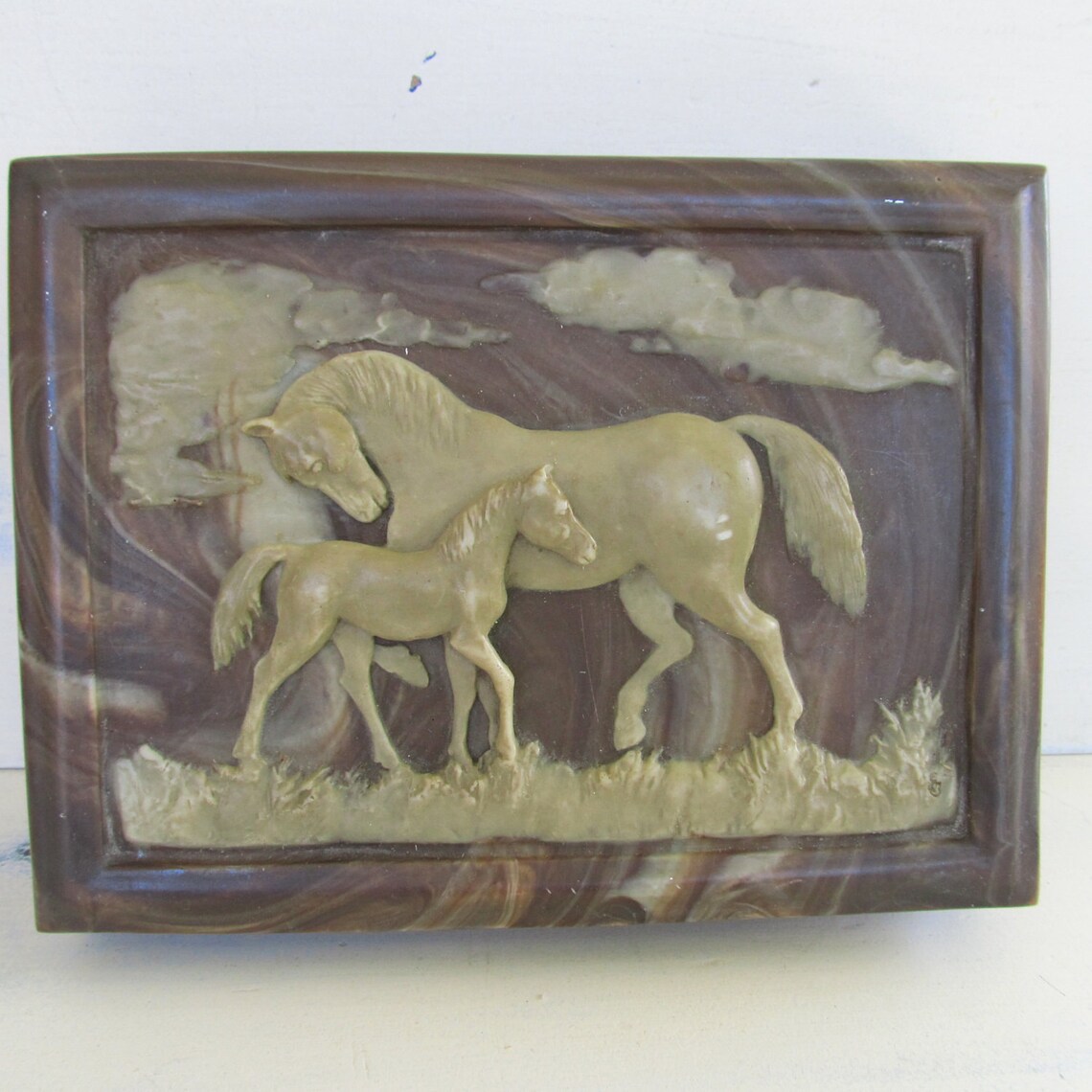 Vintage horse equestrian jewelry box wood and faux marble Etsy