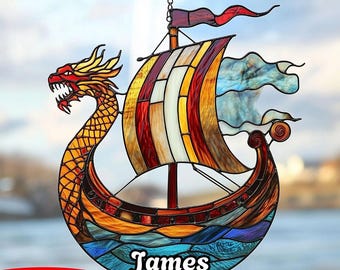 Atrapasueños de acrílico con forma de barco vikingo, vitral de imitación para colgar en la ventana, decoración de dragón de mitología nórdica y regalo vikingo único para el hogar y la oficina.