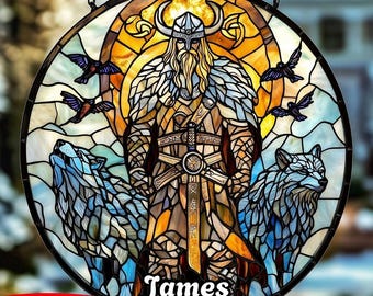 Atrapasol acrílico vikingo Odín, vitral falso para colgar en la ventana, decoración de mitología nórdica y regalo único de guerrero vikingo para el hogar.