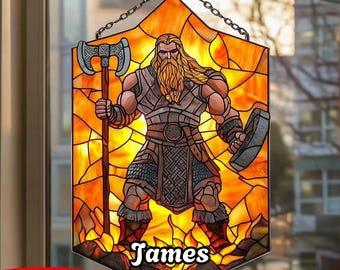 Atrapasol acrílico de guerrero vikingo, vitral de imitación para colgar en la ventana, decoración con hacha de guerrero y regalo único de mitología nórdica para el hogar y el jardín.