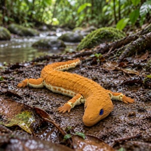 Könnte beinhalten: Eine bewegliche orangefarbene Salamanderfigur mit strukturiertem Rücken, hellem Bauch und leuchtend blauen Augen. Die Kreatur verfügt über sichtbare Gelenke an Schultern und Hüften, die Bewegungen ermöglichen, und liegt auf einem dunklen, feuchten Boden.