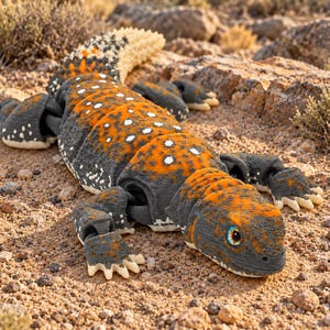Könnte beinhalten: Eine bewegliche Gila-Krustenechsen-Figur mit einem strukturierten Körper, der mit dunkelgrauen, leuchtend orangefarbenen und weißen Flecken gemustert ist. Die Echse hat ein segmentiertes Design, helle Krallen und große, detaillierte Augen mit blauen und orangefarbenen Iris.