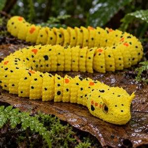 Puede incluir: Una serpiente de juguete articulada de color amarillo brillante con un cuerpo texturizado y segmentado, adornado con pequeñas manchas negras y marcas naranjas. Presenta una cabeza definida con dos protuberancias y ojos realistas.
