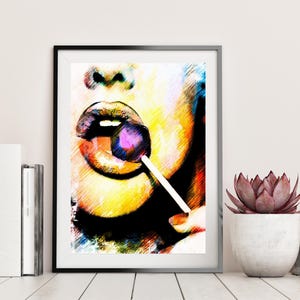 Seductive Lady Sucking a Lolly Wall Art Print, Modern Bedroom Decor, Retro Pop Art Poster, Unique Gift for Her, Sexy Artwork Illustration