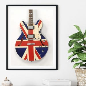Stampa artistica da parete con chitarra Union Jack, decorazione da parete per ufficio, regalo per lui, stampe per camera da letto, regalo per musicista, decorazione da parete, arte rock & roll, arte musicale