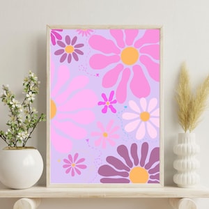 Pink Floral Wall Art | Retro Daisy Nursery Print | Pastel Flower Art for Girls Room | Boho Kids Room Decor | Whimsical Baby Girl Poster