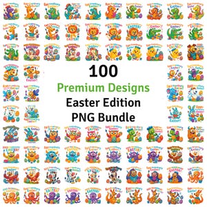 Könnte beinhalten: Ein Set mit 100 bunten, digitalen Illustrationen zum Thema Ostern mit verschiedenen Charakteren, darunter Tiere, Fabelwesen und Comicfiguren. Die Illustrationen sind im PNG-Format und perfekt für Basteln, Scrapbooking und andere kreative Projekte.