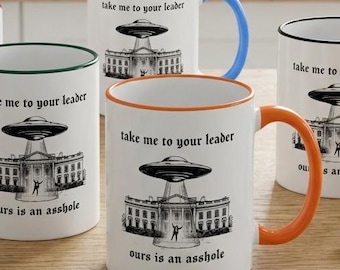 UFO White House Mug | Satirical Alien Abduction Coffee Cup | Take Me to Your Leader
