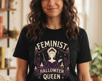 Feminist Halloween Queen T-Shirt | Witchy Feminism Graphic Tee | Purple Potion Elements Illustration
