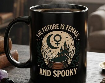 The Future Is Female & Spooky Mug | Halloween Witchy Moon Skeleton Hand Design