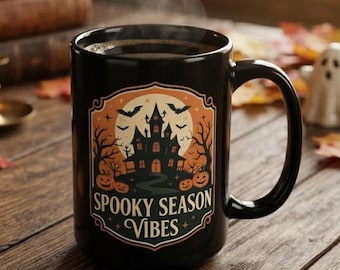 Spooky Season Vibes Mug | Haunted House Black Ceramic Mug