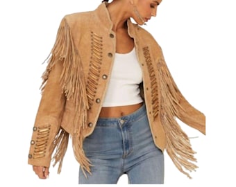 Vintage Damen Westernjacke - Braune Wildlederfransen- und Perlen-Cowgirl-Mantel, handgefertigte Modejacke im Native Style
