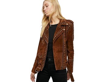 Damen braune Wildlederjacke - Vintage Western Cowgirl Style mit Nieten, Damen Westernmantel, Geschenk für Sie