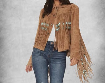 Echtes Wildleder Western Fransenjacke Damen - Vintage Braun Perlen Cowgirl Mantel - Handgemachtes Boho Geschenk für Sie