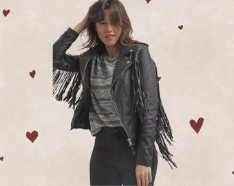 Damen Schwarz Leder Fransen Jacke Echtes Leder Biker Brando Style Quaste Moto Mantel