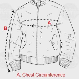 K&ouml;nnte beinhalten: Zeichnung einer Jacke mit Ma&szlig;angaben. Die Beschriftungen zeigen Brustumfang (A) und &Auml;rmell&auml;nge (B). Die Jacke hat einen Rei&szlig;verschluss, Taschen und gerippte B&uuml;ndchen.